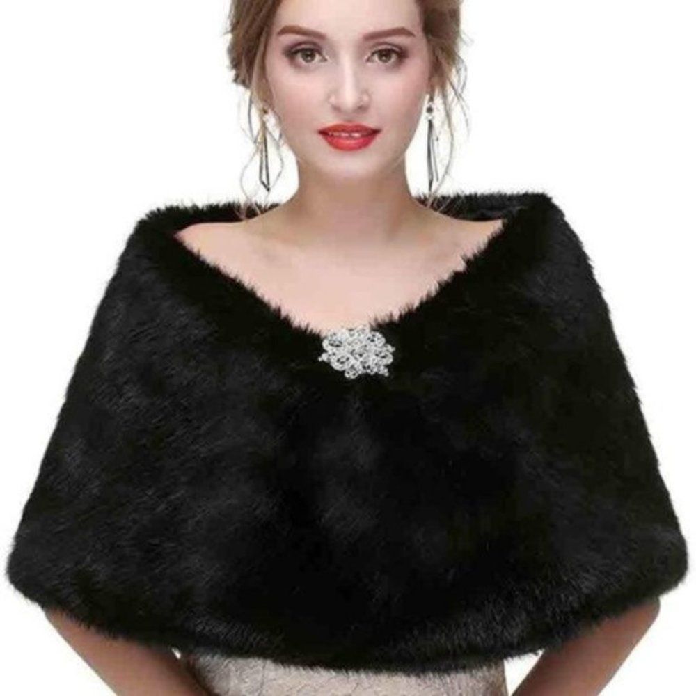 Womens Faux Fur Shawls Wraps Black